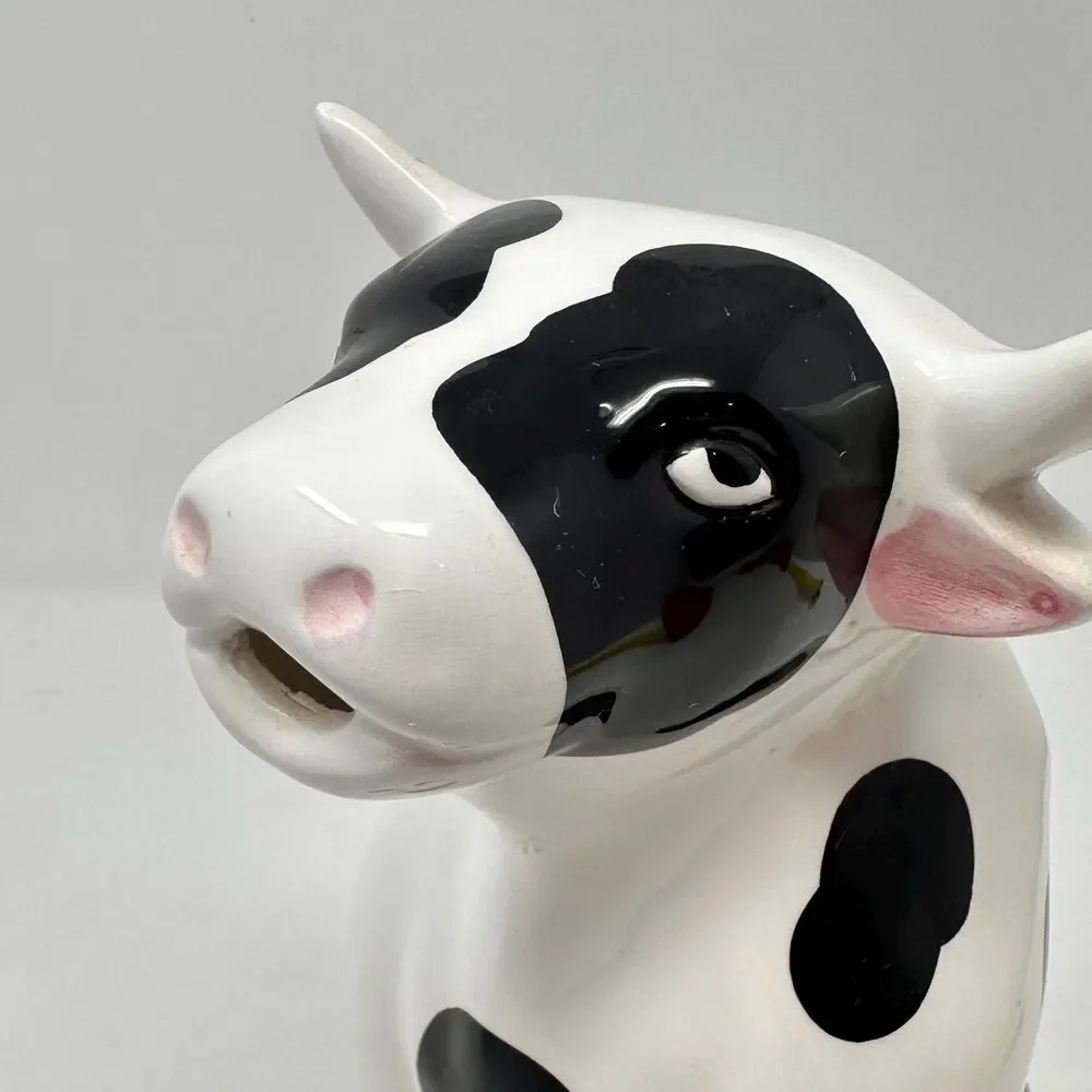 Vintage Cow Pitcher Ceramic Black White Holstein Milk Jug Vase Taiwan - READ